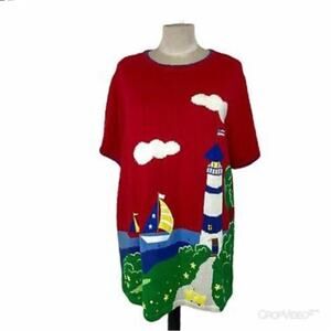 Quacker Factory Lighthouse Red Knit Sweater Sailboat Short Sleeve Women Medium